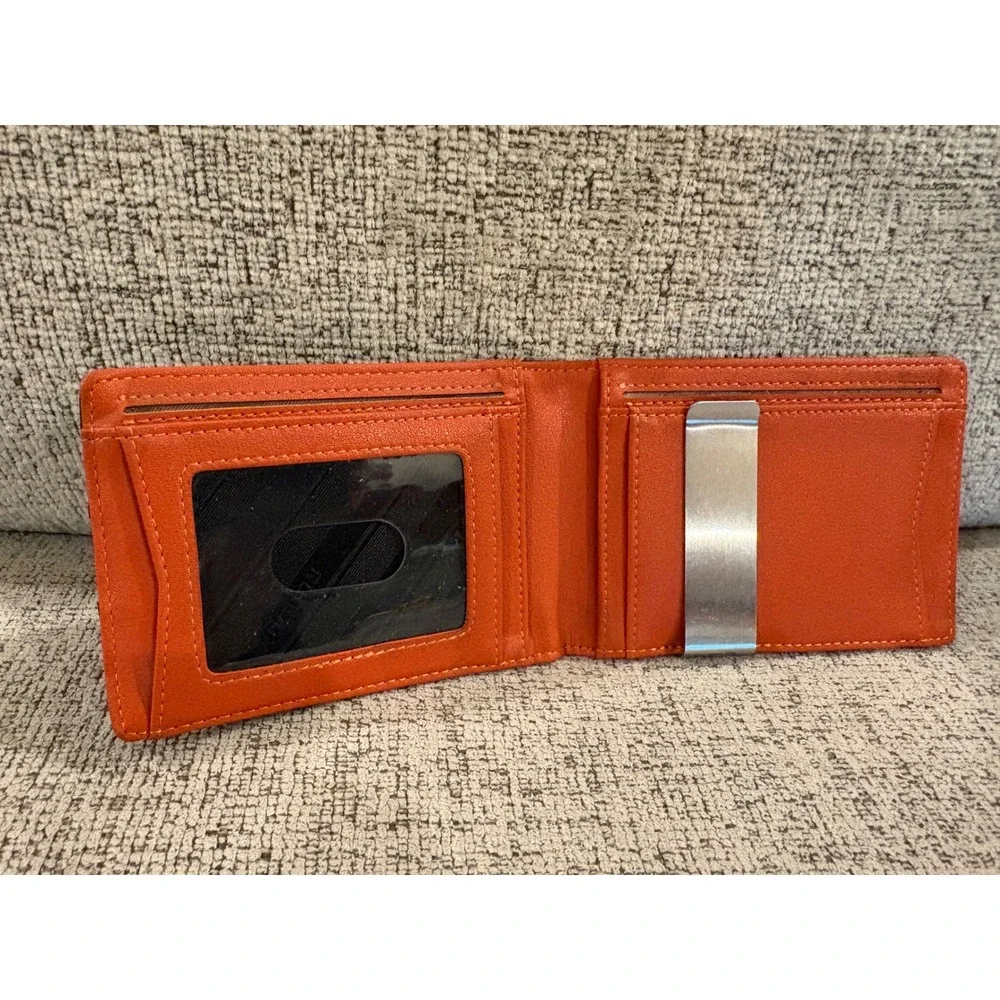 Runbox Mens Bifold Wallet Carbon Fiber Black Orange Money Clip ID Window